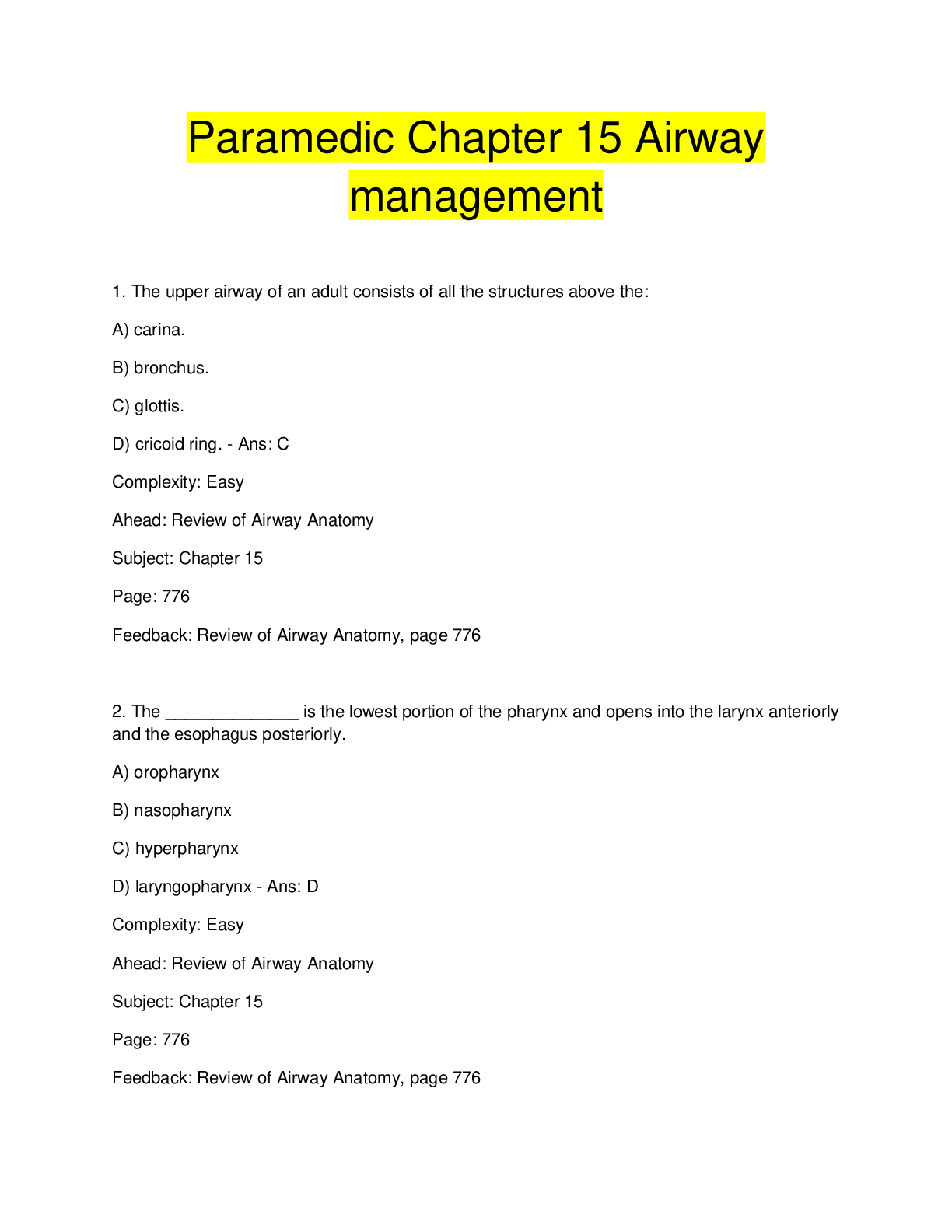 Preview image for Paramedic Chapter 15 Airway  management